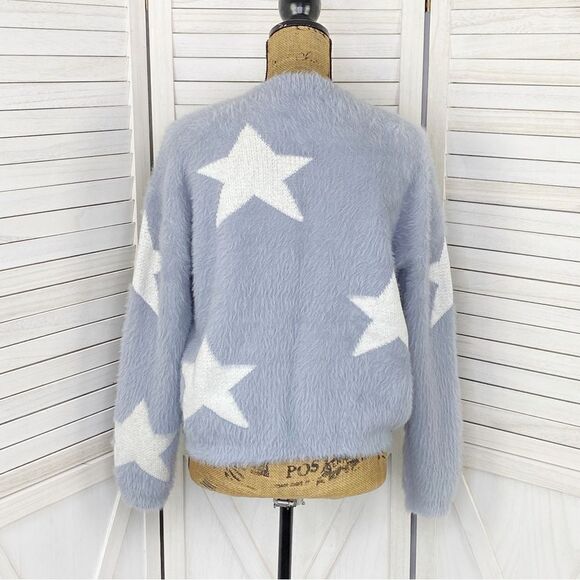 Cliche Stars Fuzzy Crop Pullover Sweater Blue White Medium - Picture 4 of 13